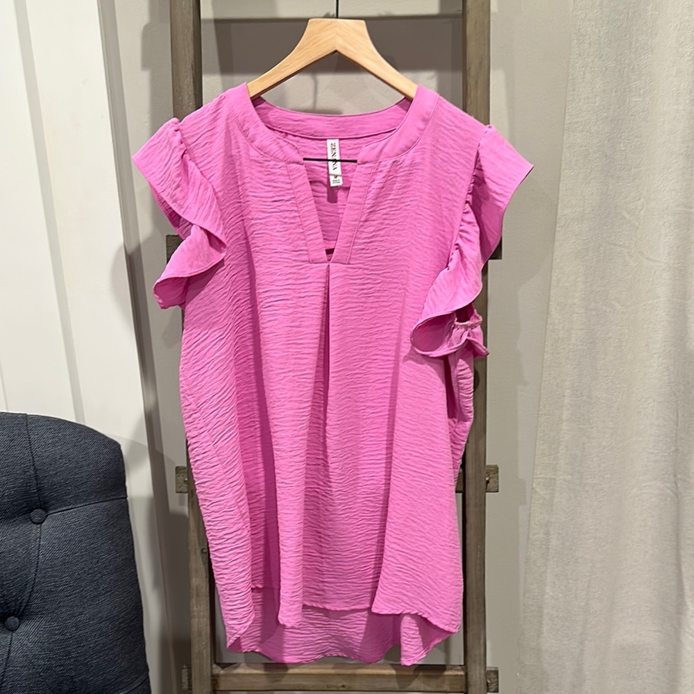 Zenana Outfitters Pink Sleeveless Ruffled Blouse